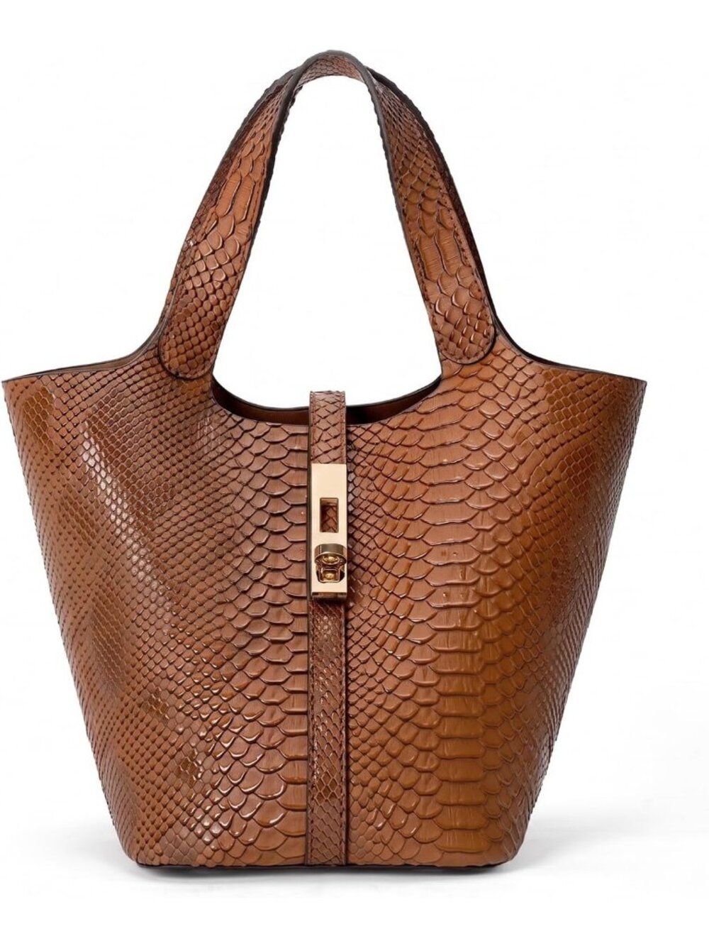 Women's Brown Vegan Leather Satchel Tote Handle Lock Design Bucket Purse